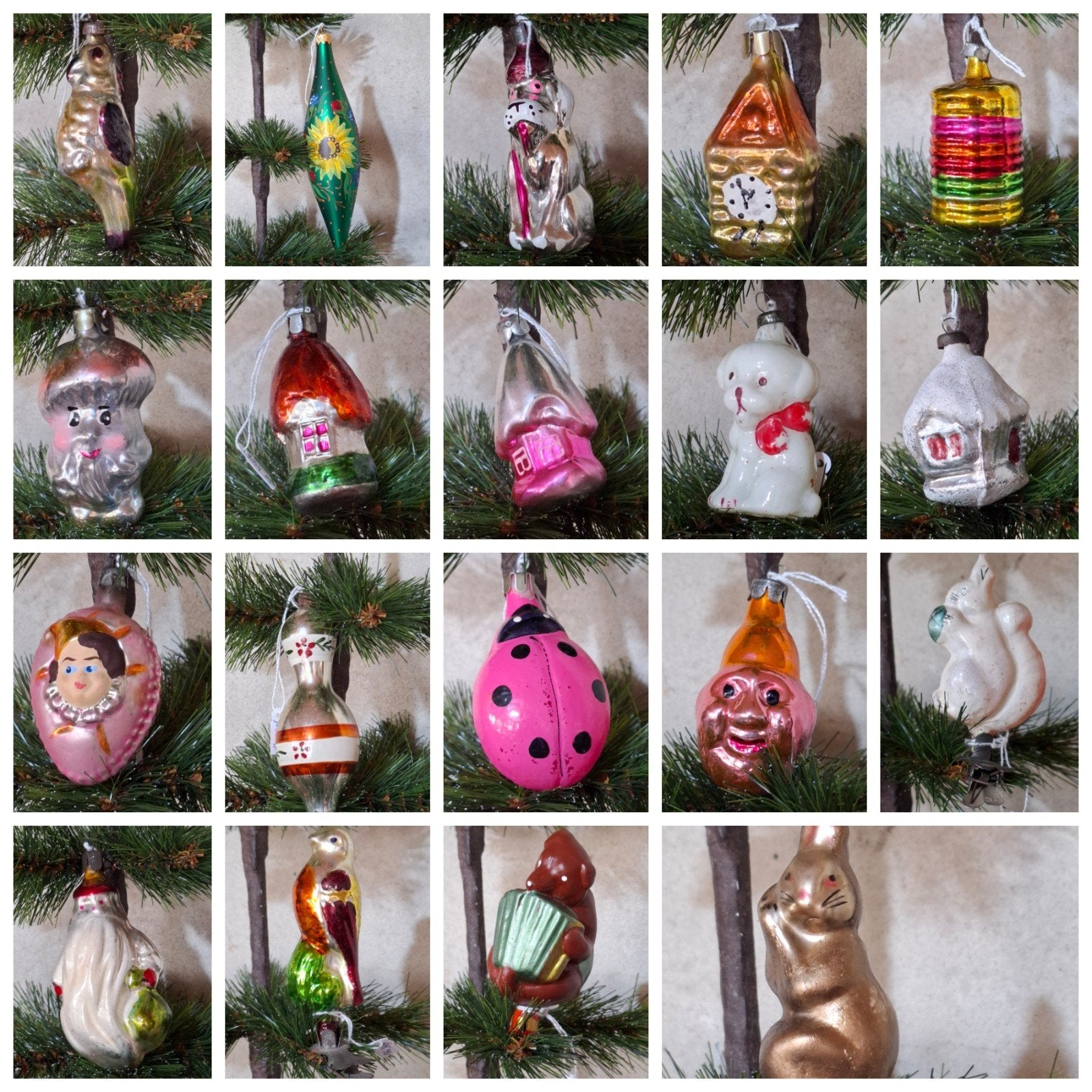 Oude antiek vintage kerstballen ijsbeer engel eekhoorn huis, Ophalen of Verzenden, N, T, V