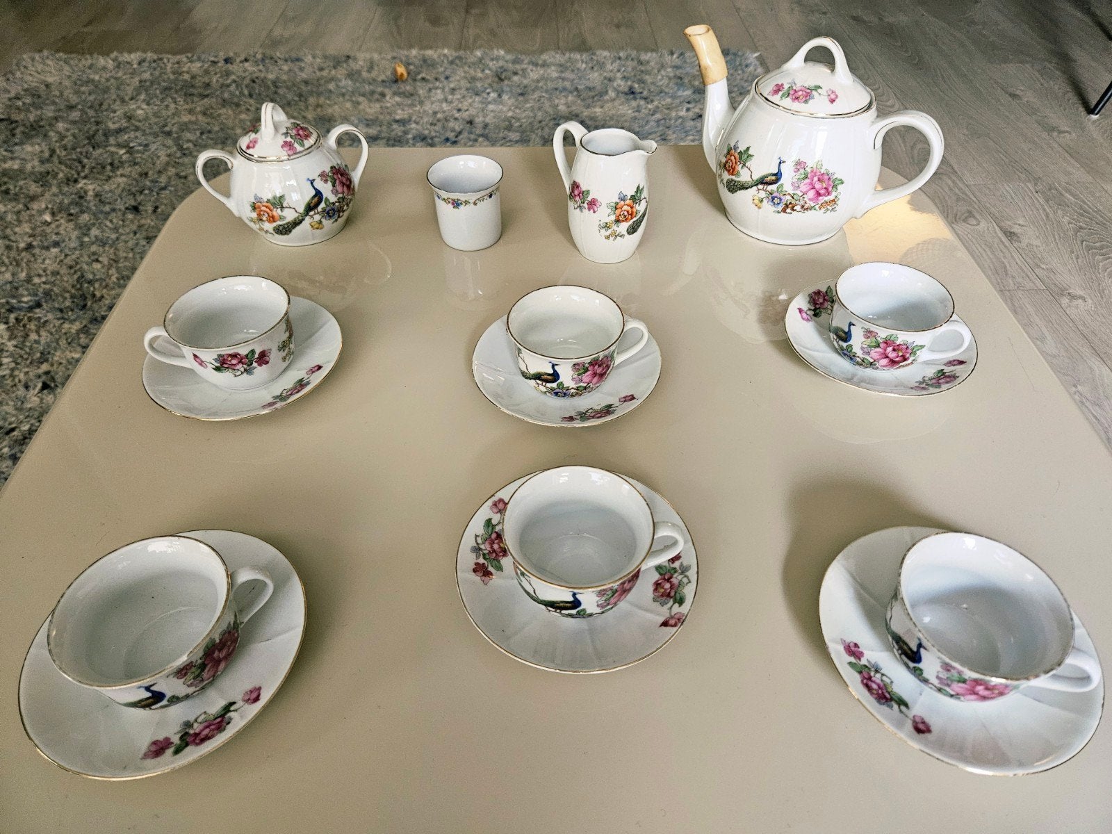 Antiek 10-delig Bavaria servies met pauw- en bloemdecor, Ophalen