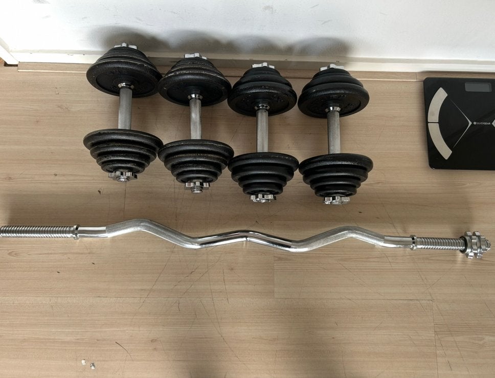 4x 15 kg Verstelbare Dumbbells + EZ Curl Stang 7 kg, Ophalen, Zo goed als nieuw, Dumbbell
