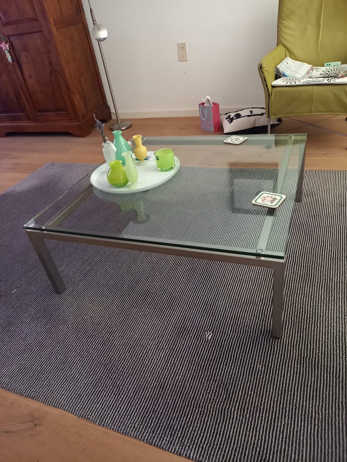 glazen tafel met rvs poten, Ophalen, Gebruikt, Vierkant, Glas