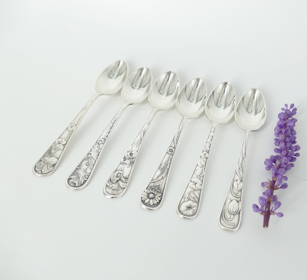 Gero - Set van 6 verzilverde koffielepels met bloempatronen, Ophalen of Verzenden