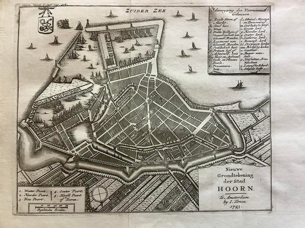Gravure plattegrond Hoorn Tirion 1743 antiek, Antiek en Kunst, Verzenden