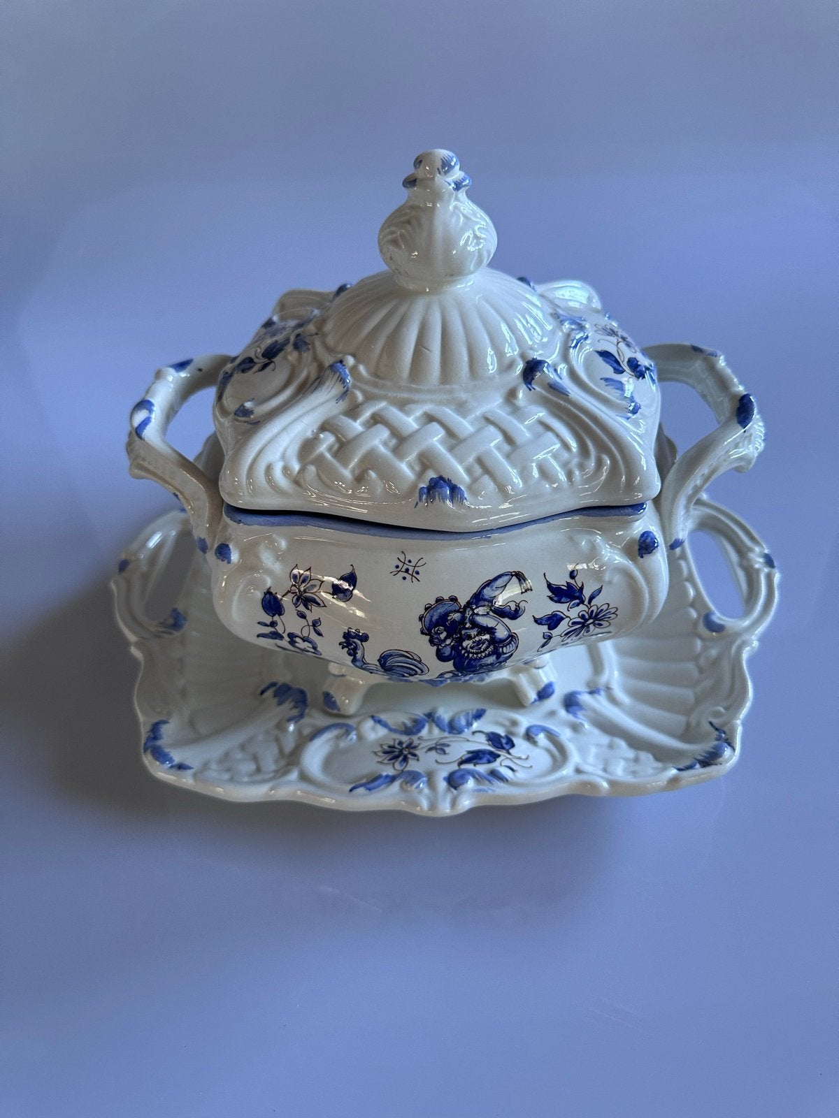 Driedelige Franse soepterrine / dekschaal, blauw-wit decor, Ophalen of Verzenden