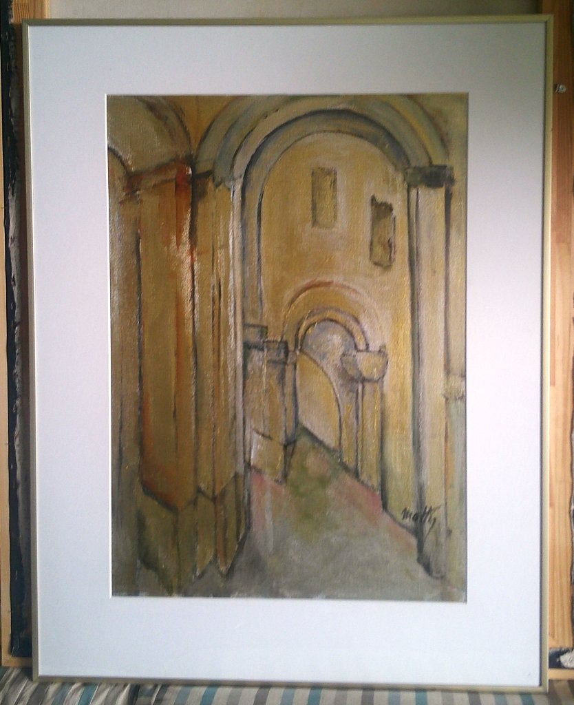 Kerk van binnen - Matty Woudenberg, Ophalen, Impressionistisch, Aquarel, Overige onderwerpen