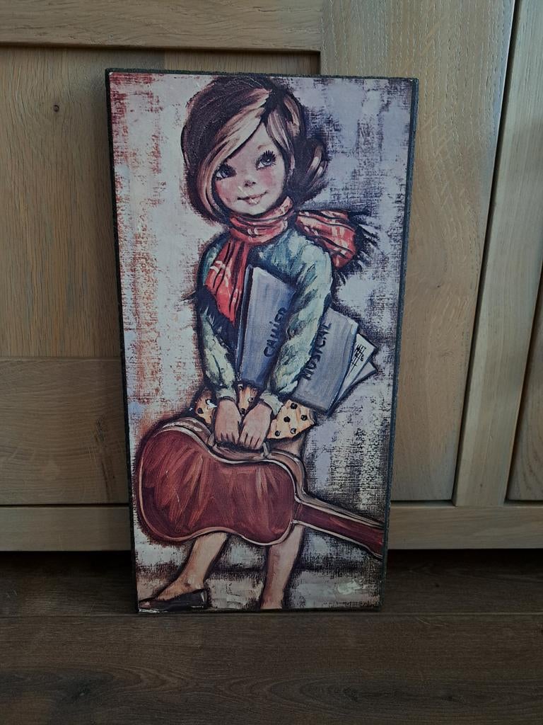 Vintage prent hardboard meisje gitaar 38,5-19,5 cm, Ophalen of Verzenden, Minder dan 50 cm, Schilderij