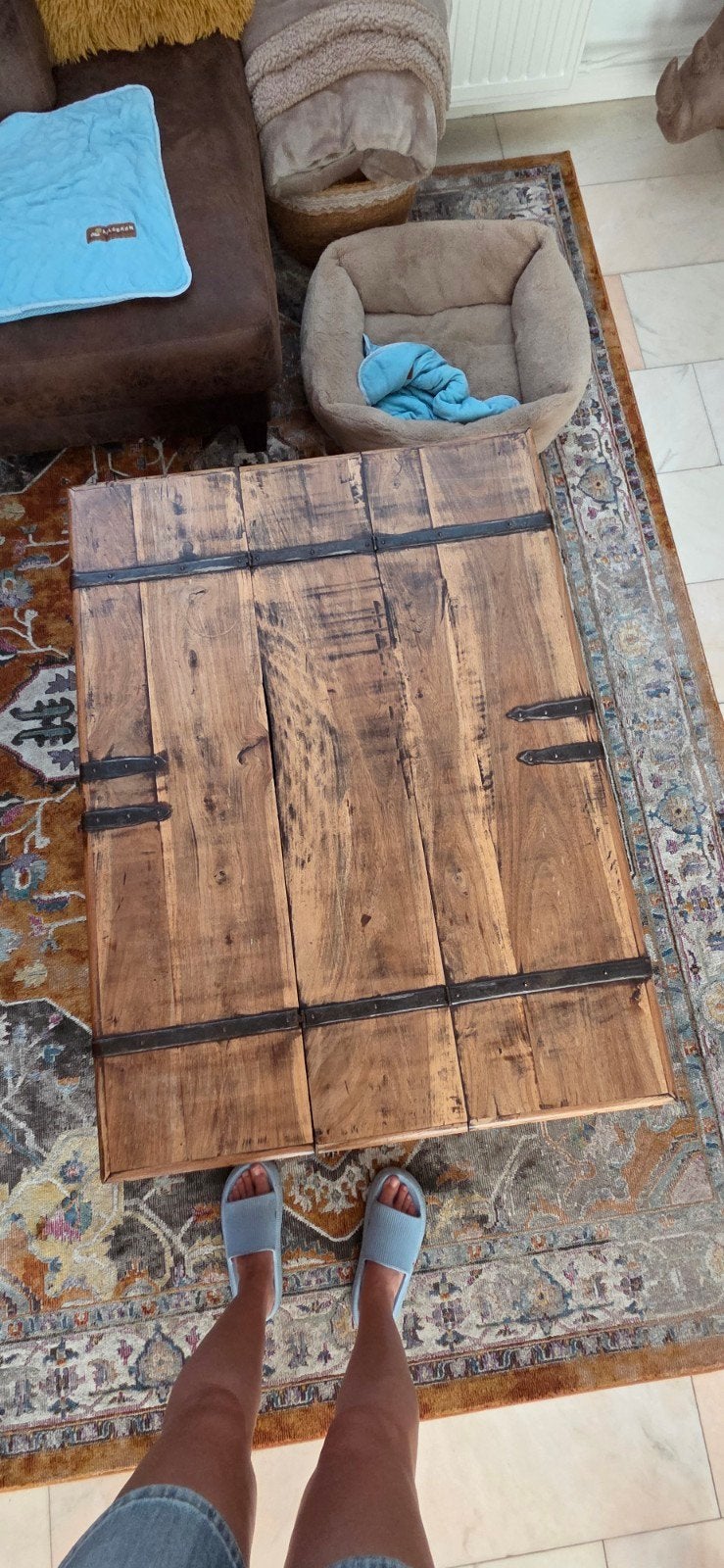Robuuste houten tafelkist met opbergruimte, Ophalen, Gebruikt, 100 tot 150 cm, 75 tot 100 cm