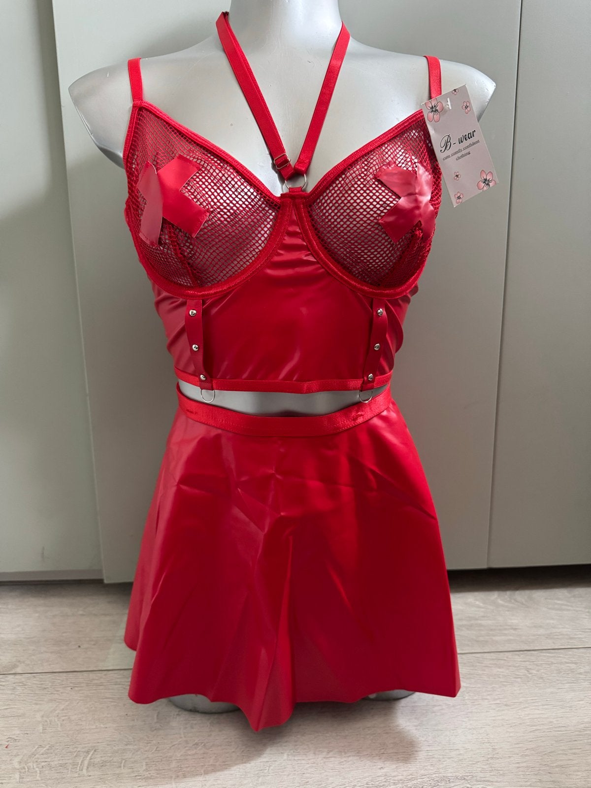 Sexy Rode Imitatie Leren Visnet Lingerie Set Maat L, Kleding | Dames, Ondergoed en Lingerie, Ophalen of Verzenden, Rood, Setje