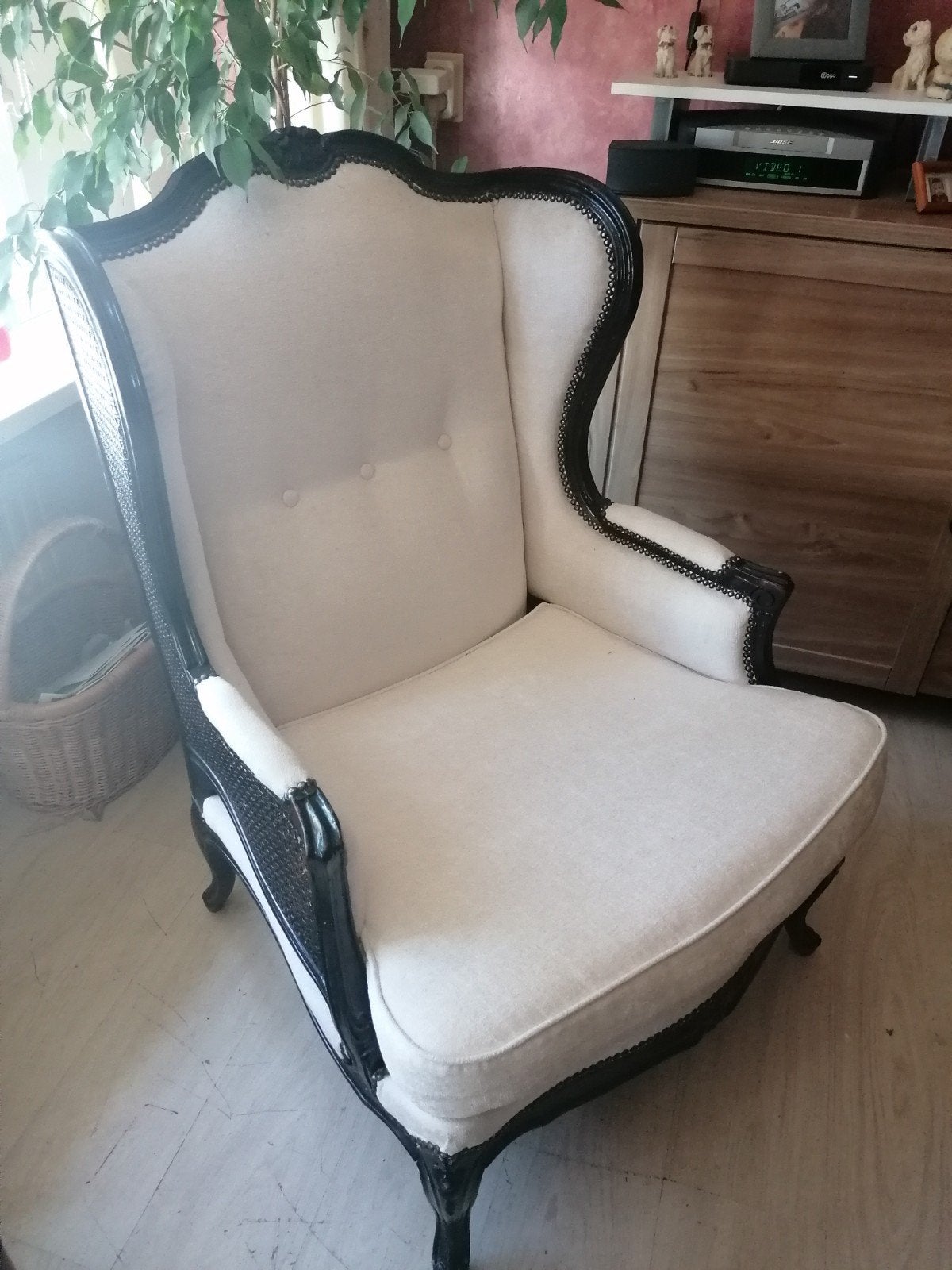 Elegante Barok Fauteuil - Crème met Zwart Houtsnijwerk, Ophalen, 75 tot 100 cm, Zo goed als nieuw, Stof