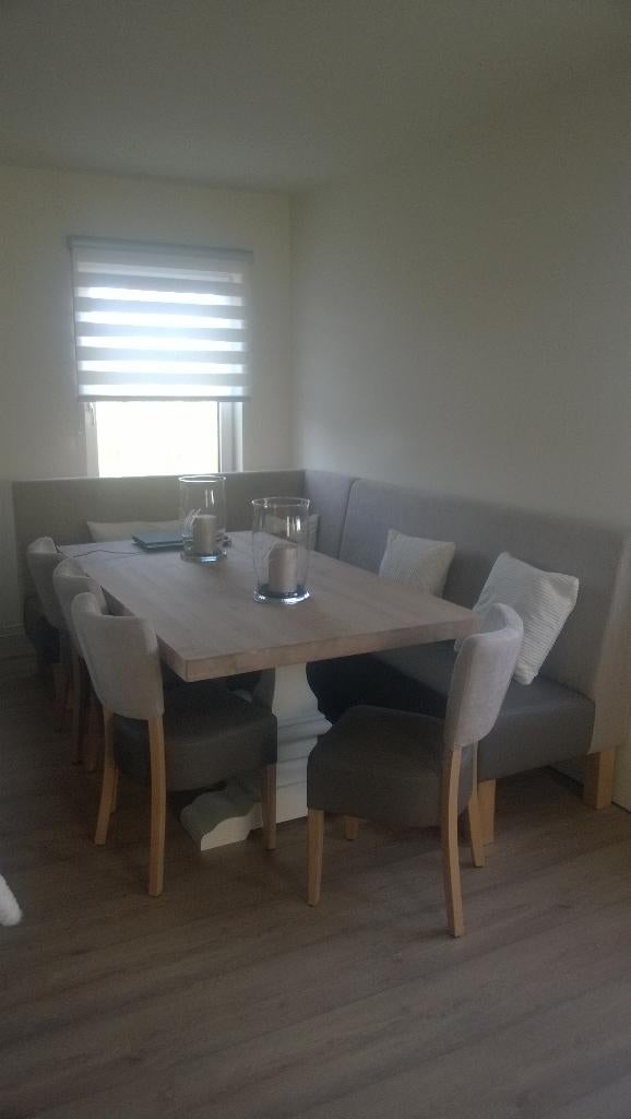 Complete Eethoek massief grenen tafel, hoekbank en 4 stoelen, Huis en Inrichting, Complete eetkamers, Ophalen, Gebruikt, Modern, comfortabel
