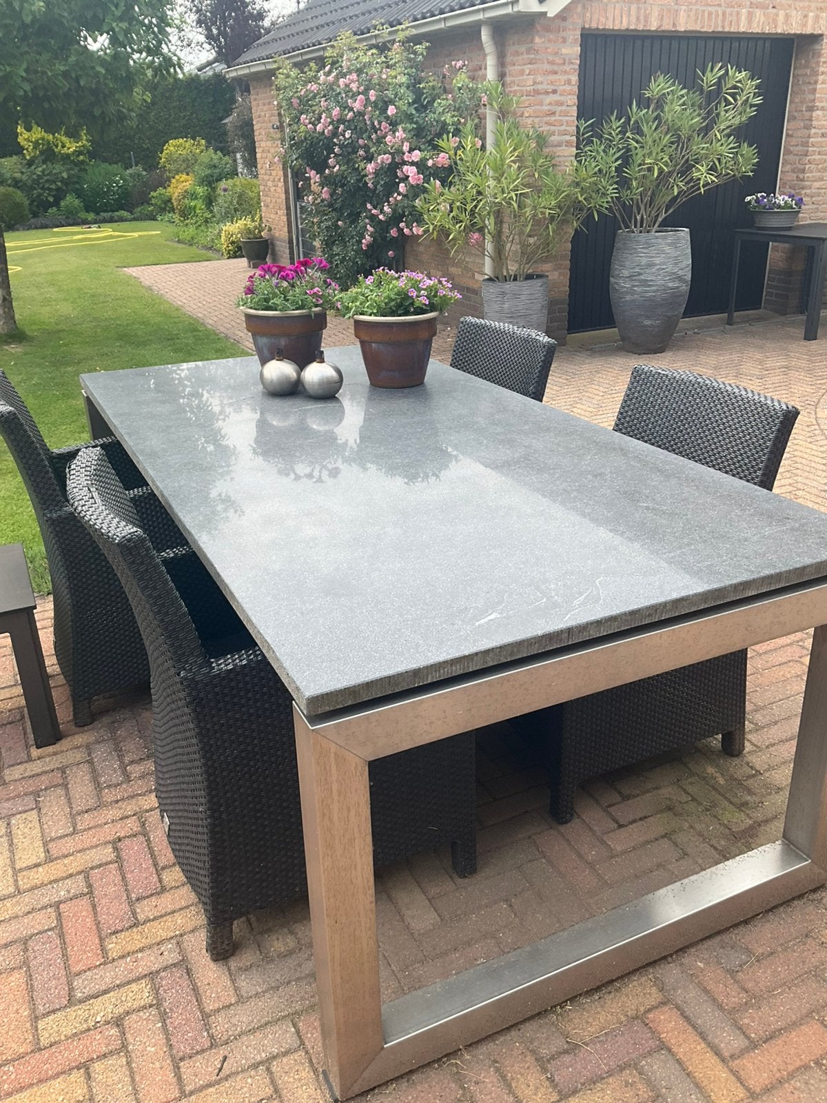 Granieten tuintafel met stoelen gratis afhalen, Ophalen, Gebruikt, Rechthoekig, Rvs