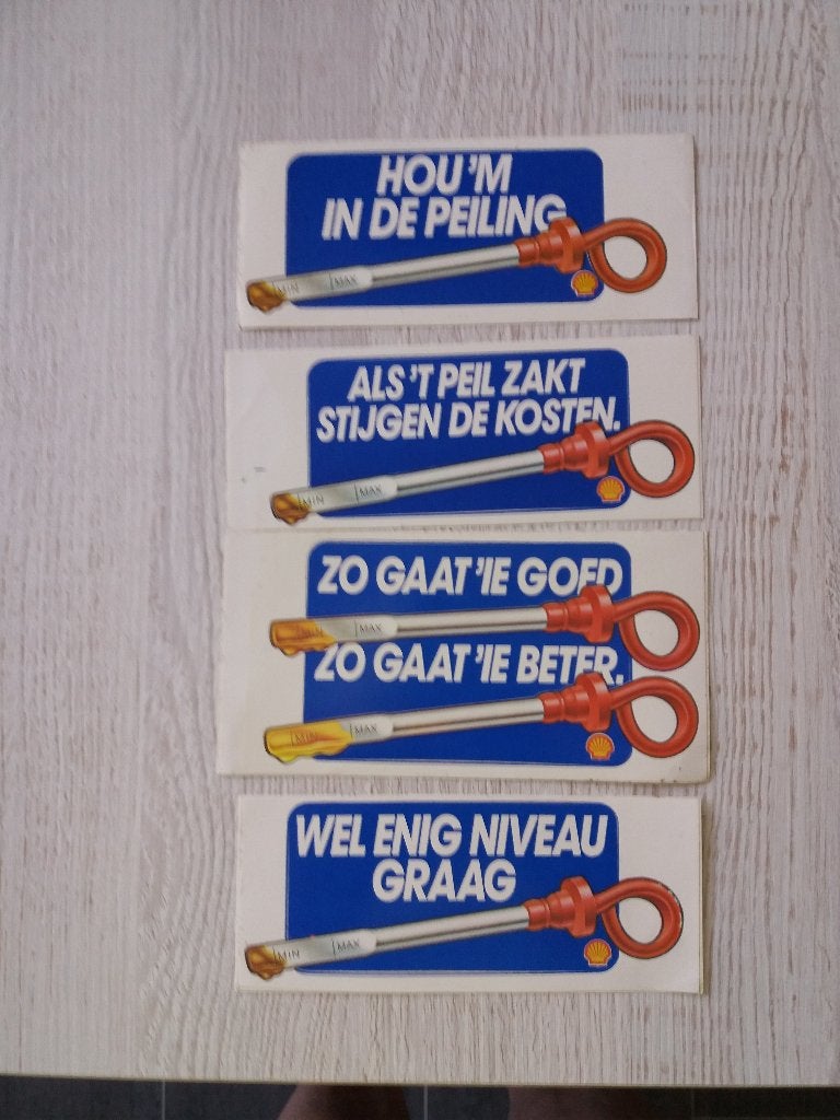 4 stickers Shell oliepeilingen min / max, Verzamelen, Ophalen of Verzenden, Zo goed als nieuw, Bedrijf of Vereniging