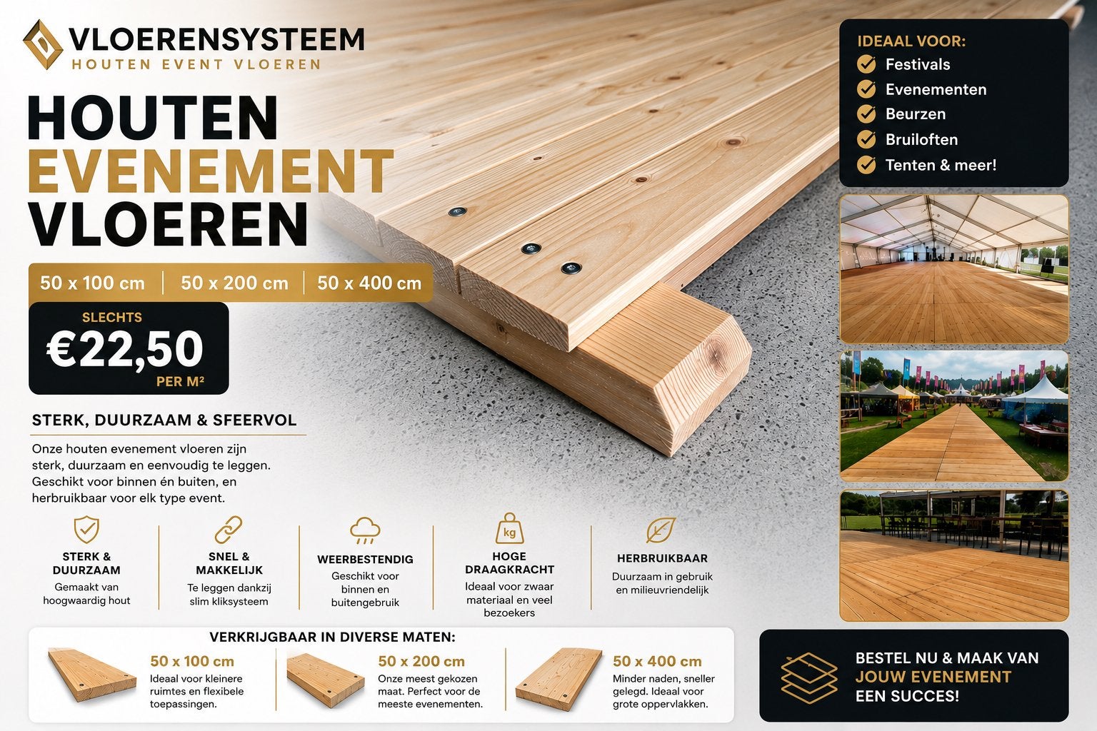 Houten Evenement Vloeren - Sterk, Duurzaam & Sfeervol, Nieuw, 10 m² of meer, 10 tot 30 cm, Hout