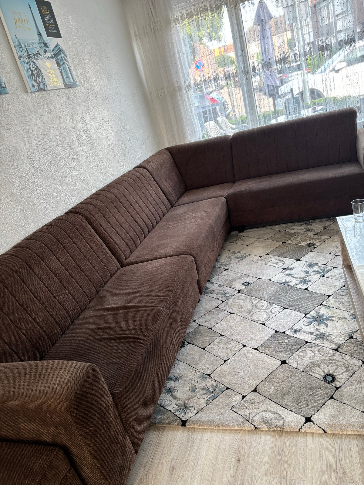 Donkerbruine Hoekbank (350x250 cm) met bijpassend bankje, Ophalen, Gebruikt, Hoekbank, 300 cm of meer