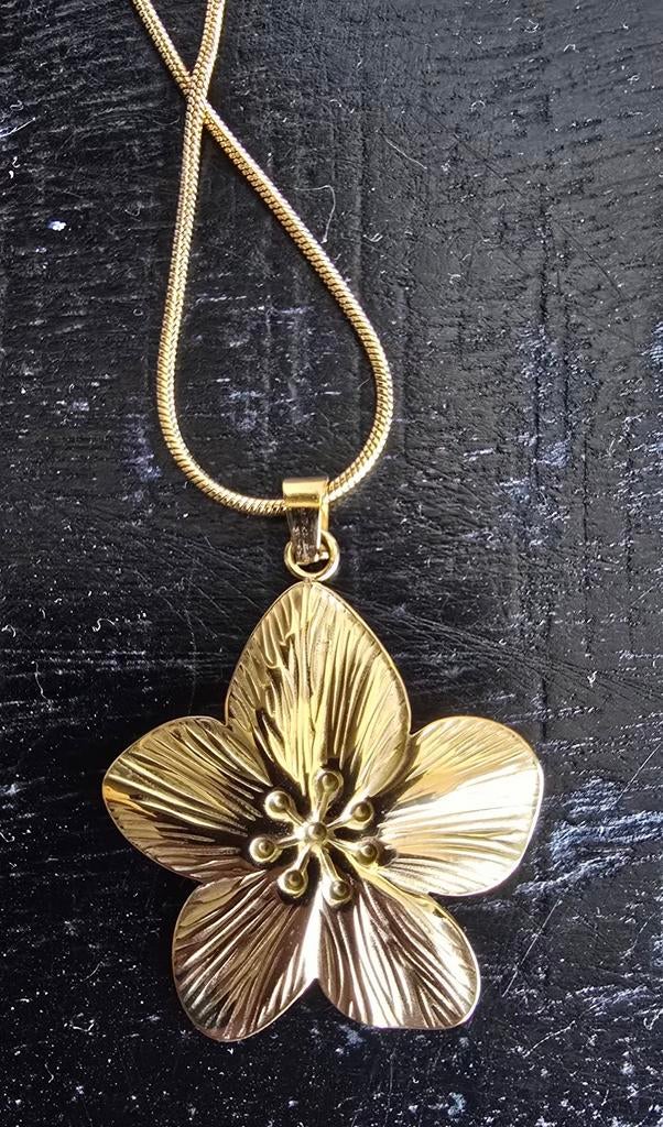 Gouden Plumeria Bloemenhanger Ketting Dames RVS, Nieuw, Ophalen of Verzenden, Goud, Overige materialen