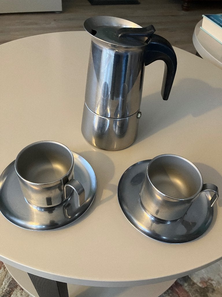 2 RVS espressokopjes en perculator Guido Bergna, Ophalen of Verzenden, Zo goed als nieuw