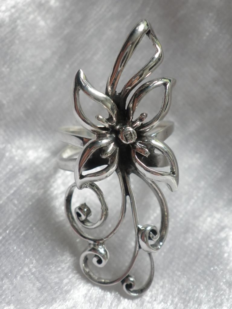 Mooie Aparte Lange Zilveren Jugendstil Ring - Bloem, Verzenden, Zilver, Ring
