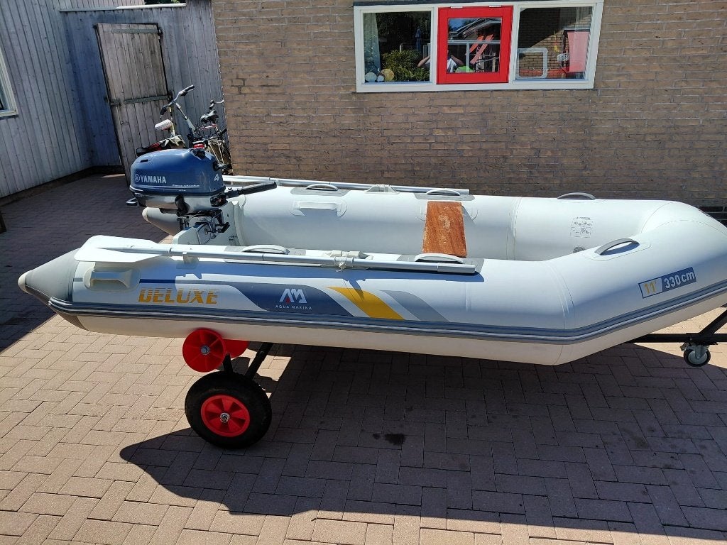 Rubberboot met 4pk motor op fietstrainer!, Aluminium, Zo goed als nieuw, 3 m, Peddels