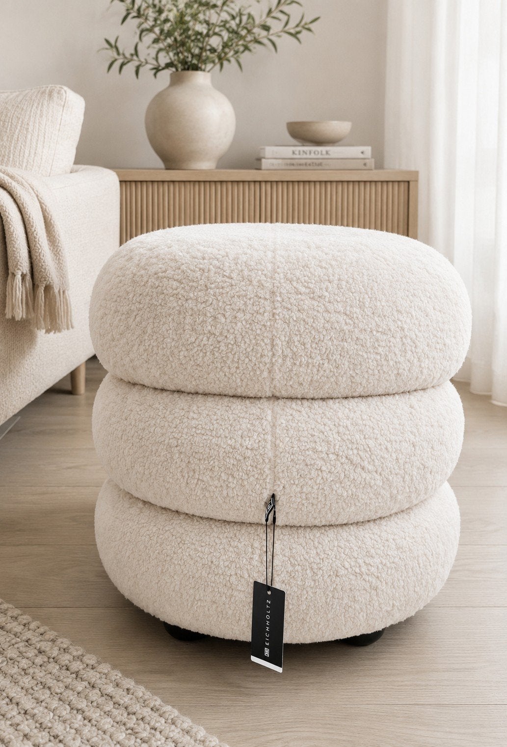 EICHHOLTZ NIEUW Tulum Krukje - Crème Bouclé met Zwarte Poten, Ophalen of Verzenden, Nieuw, Overige materialen