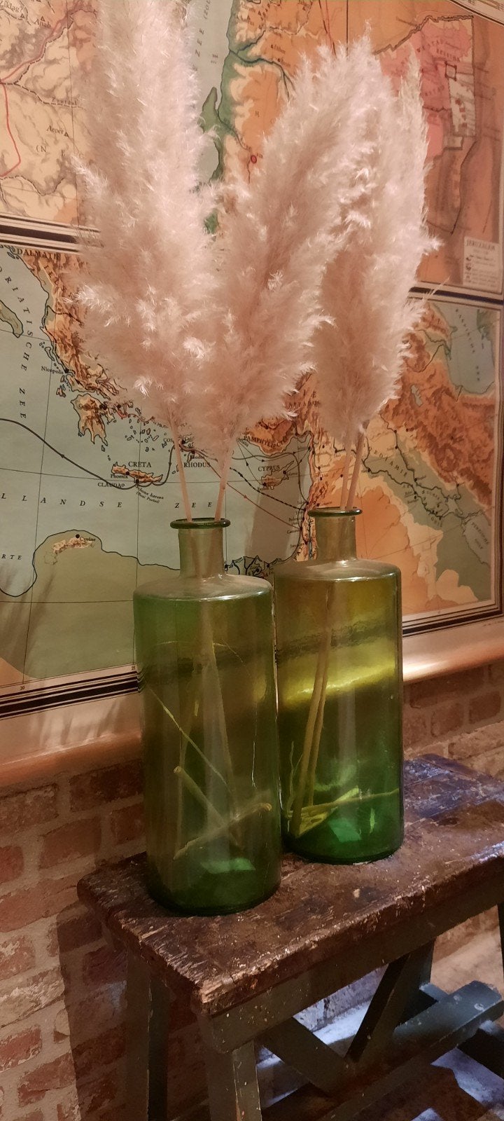 2 groene brocante glazen vazen flessen !, Ophalen of Verzenden