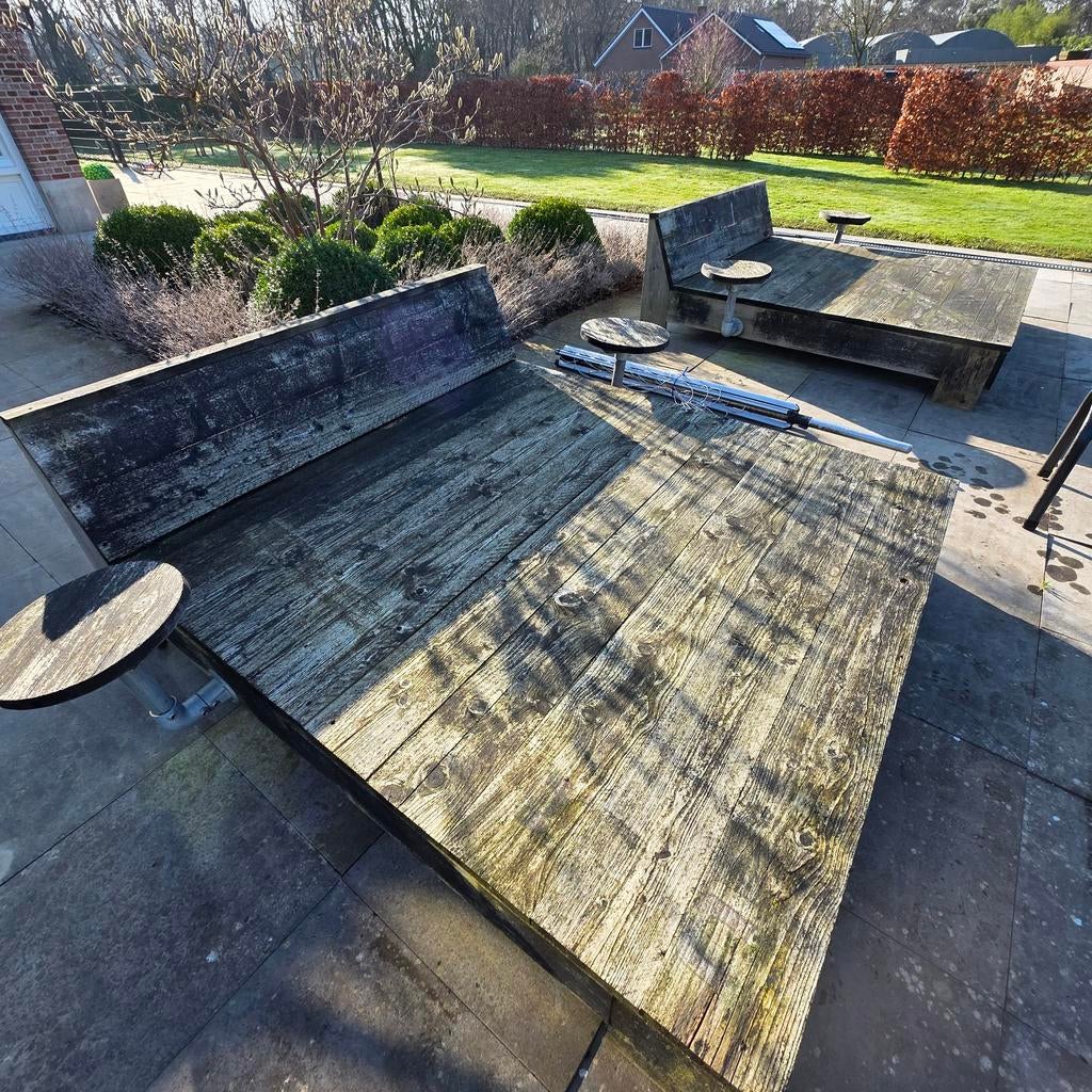 2 steigerhouten lig/loungebedden., Tuin en Terras, Ligbedden, Gebruikt, Hout, Ophalen