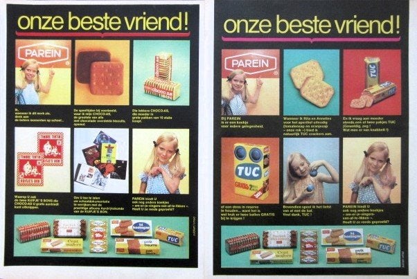50+ vintage advertenties etenswaren 70-80 eten Kuifje Ermi, Ophalen of Verzenden, Zo goed als nieuw, Reclamebord