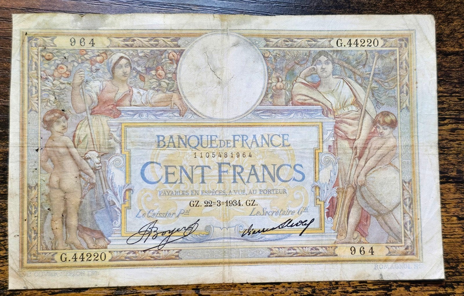 Zeldzaam Frans bankbiljet: 100 Francs 1934, Postzegels en Munten, Ophalen of Verzenden, Los biljet