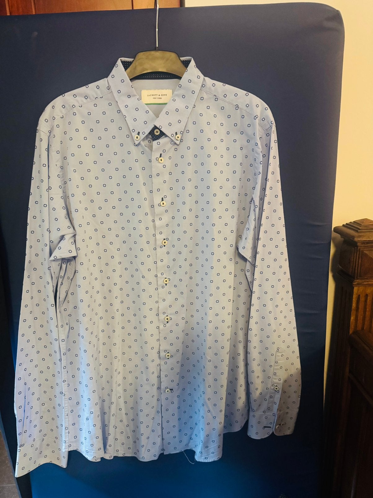 Jackett & Sons wit heren overhemd met blauwe print maat 43, Verzenden, Zo goed als nieuw, Wit, Halswijdte 43/44 (XL)
