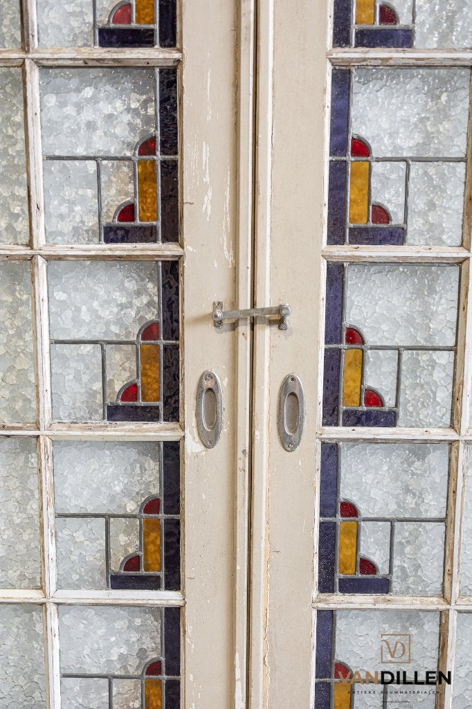 Oude ensuite / schuifdeuren glas in lood en roede 212 x 78.5, 120 cm of meer, Binnendeur, Ophalen of Verzenden, Zo goed als nieuw