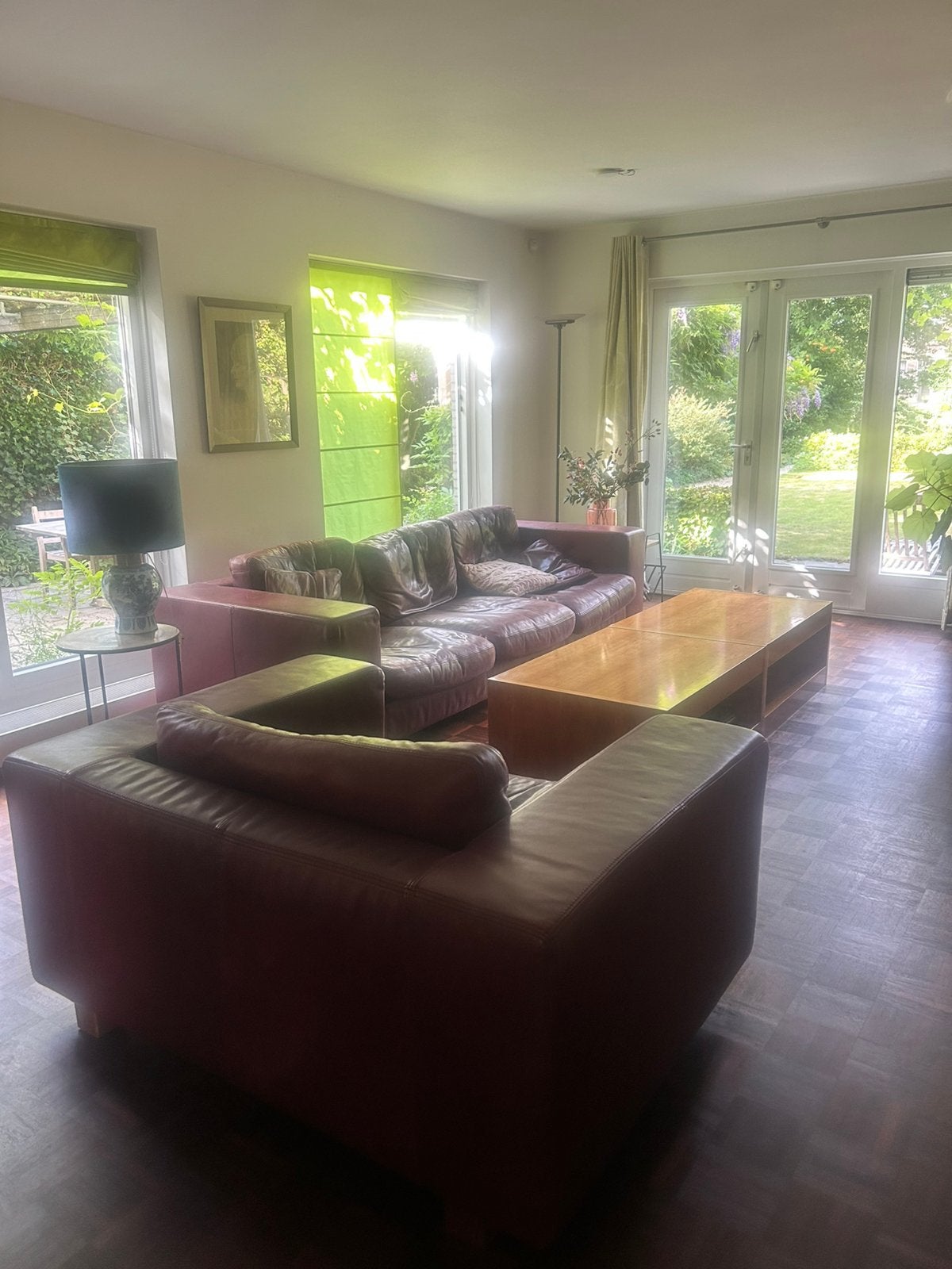 Grote leren bank plus loveseat, bordeauxrood, Ophalen, Gebruikt, 100 tot 125 cm, 300 cm of meer