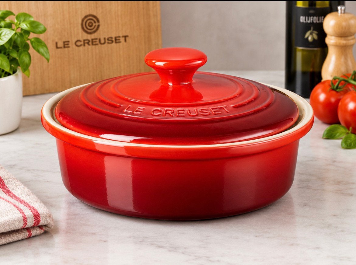 Le creuset camembert schaal, Ophalen of Verzenden, Zo goed als nieuw, Gietijzer