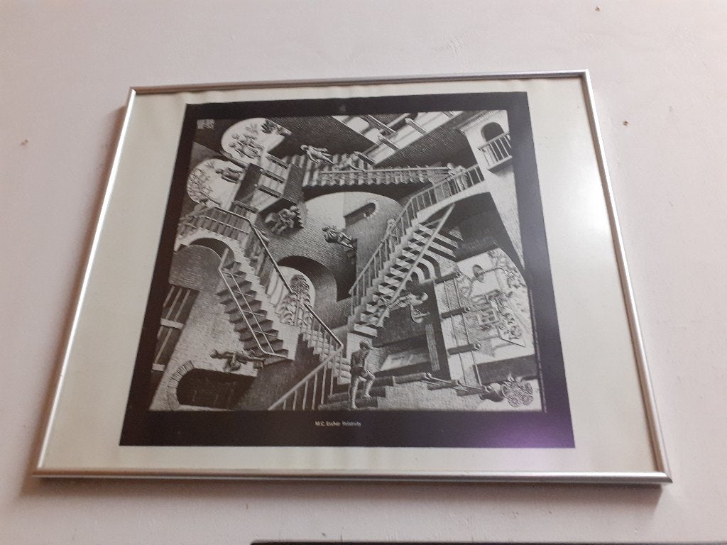Escher print 50 x 60 cm lijst retro Relativiteit juli 1953, Huis en Inrichting, Gebruikt, ?, 50 tot 75 cm, Tekening