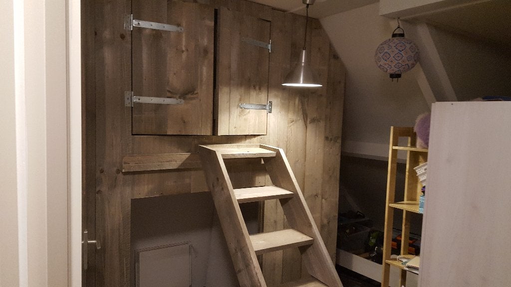 Prachtig steigerhouten bed, Ophalen, 85 tot 100 cm, Gebruikt, Hoogslaper of Stapelbed