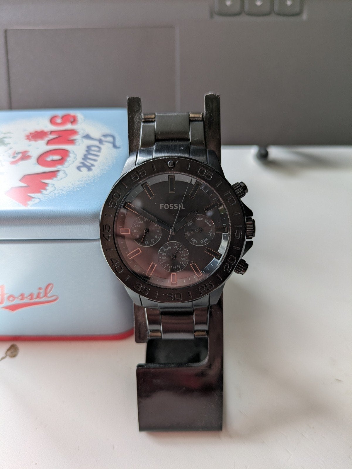 Zwarte metalen chronograaf Fossil, Zwart, Fossil, Ophalen of Verzenden, Zo goed als nieuw