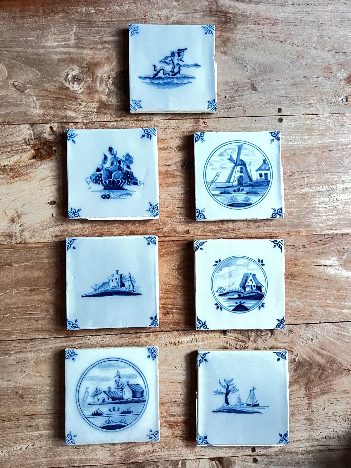 Set van 7 antieke Delfts blauwe tegels, Ophalen of Verzenden