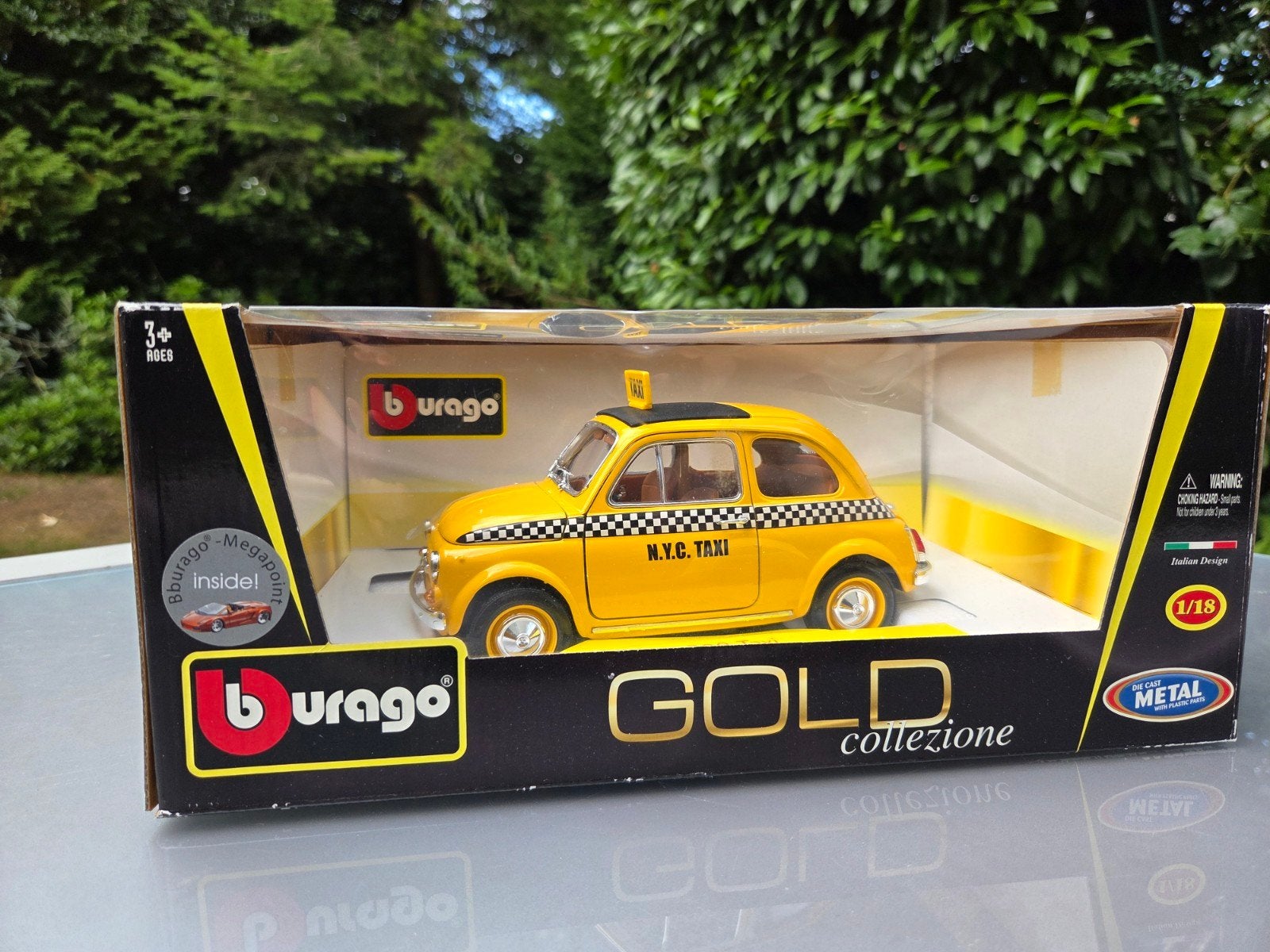 1:18 Bburago Fiat 500 New York City taxi modelauto, Ophalen of Verzenden, Zo goed als nieuw, Auto, Bburago