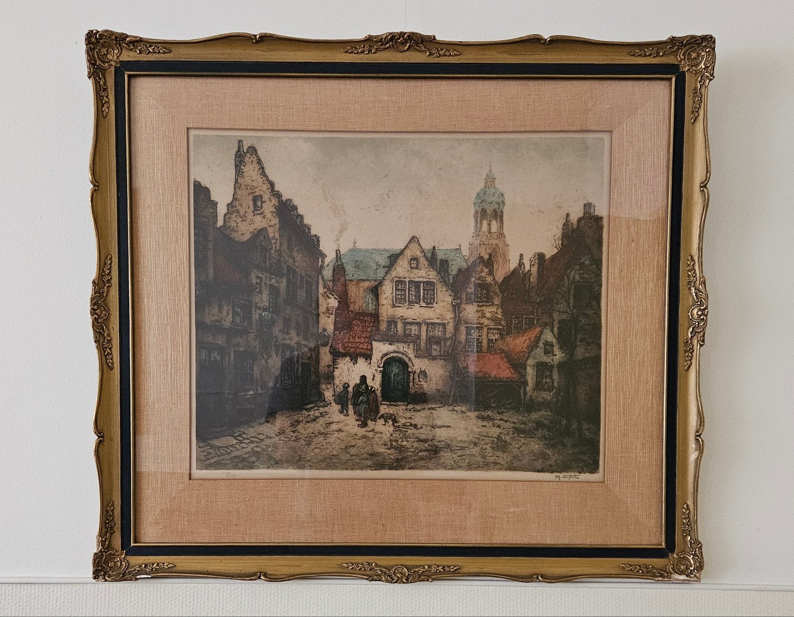 Stadsgezicht Ets van Alf. Van Neste - 84 x 74 cm, Antiek en Kunst, Ophalen, Ets, Stadsgezicht, Ingelijst