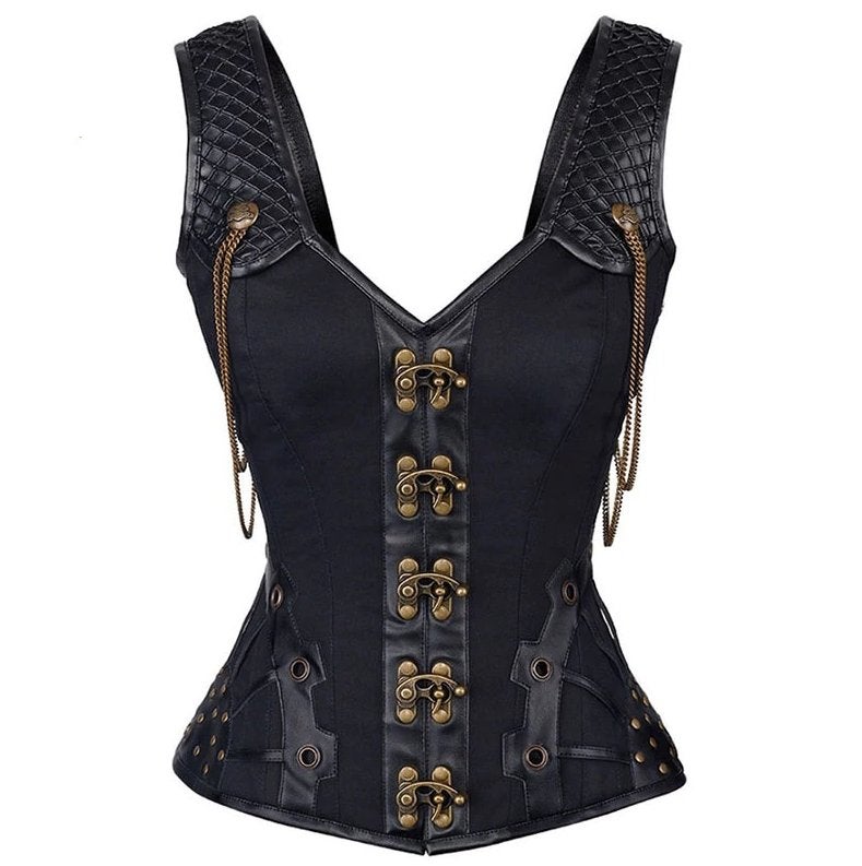 Zwart leren steampunk korset sexy bustier gothic kettingen, Verzenden, Zwart, Body of Korset