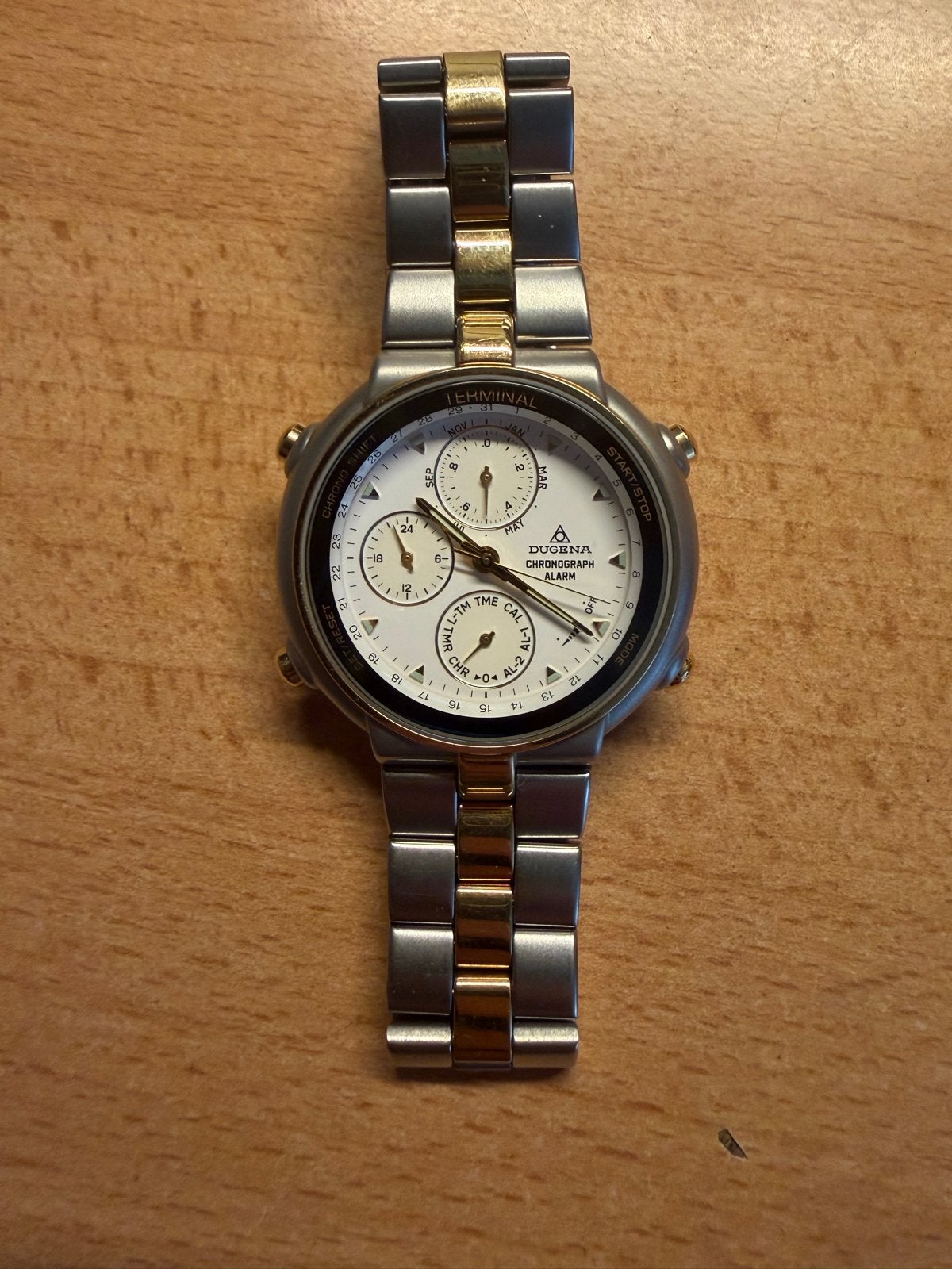 Dugena Terminal Chronograph Alarm Polshorloge, Sieraden, Tassen en Uiterlijk, Horloges | Antiek, Ophalen of Verzenden, Staal, Polshorloge