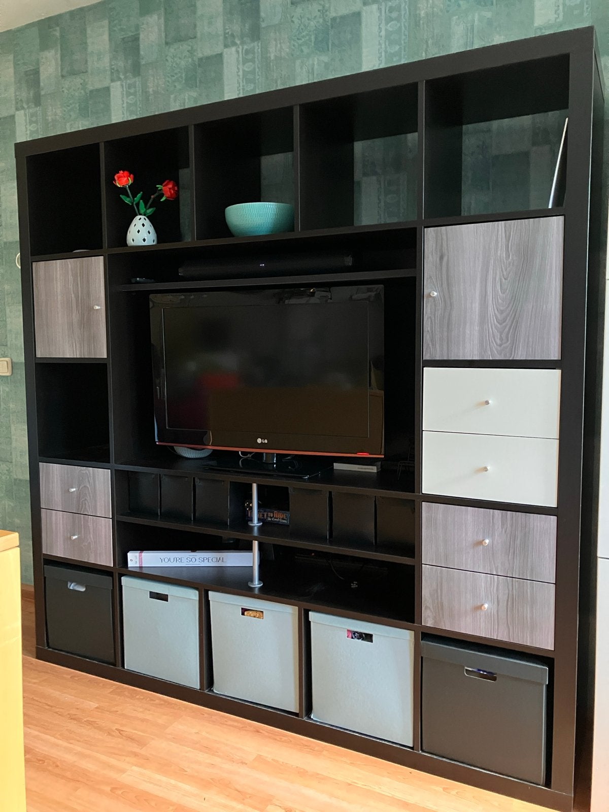 Grote zwarte tv kast/boekenkast (gedemonteerd), Ophalen, Expedit IKEA, Gebruikt, 150 tot 200 cm