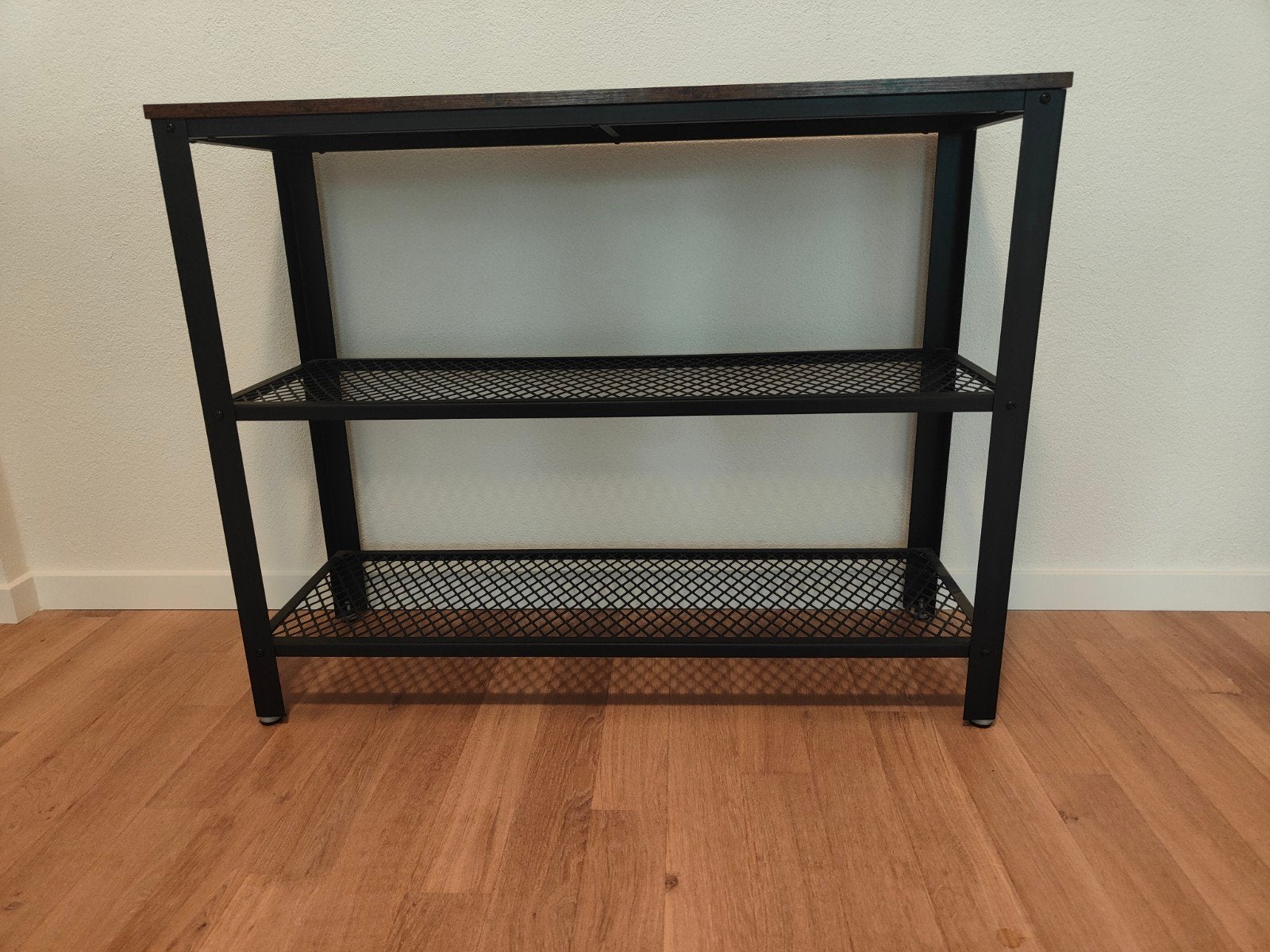 Hal kastje met houten blad en 2 schappen - Zwart metaal, Gebruikt, 100 tot 150 cm, Industrieel, Modern, Ophalen