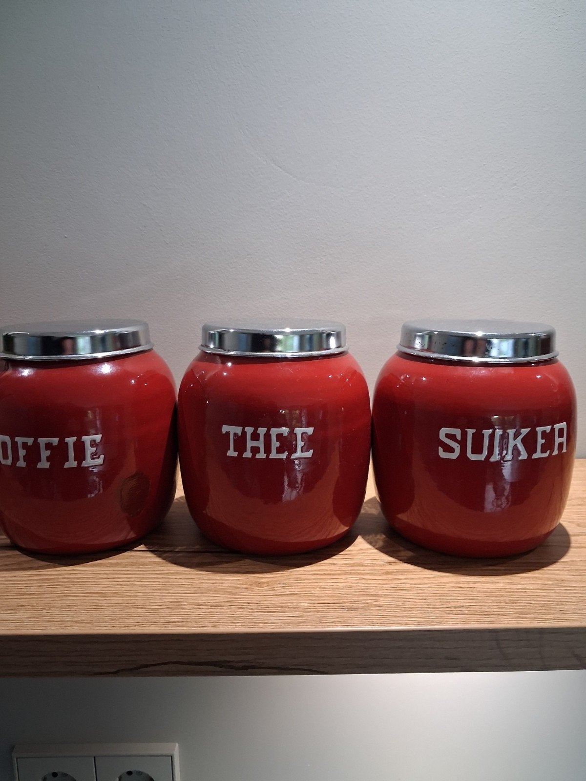 Set van 3 rode voorraadpotten: Koffie, Thee, Suiker, Ophalen of Verzenden