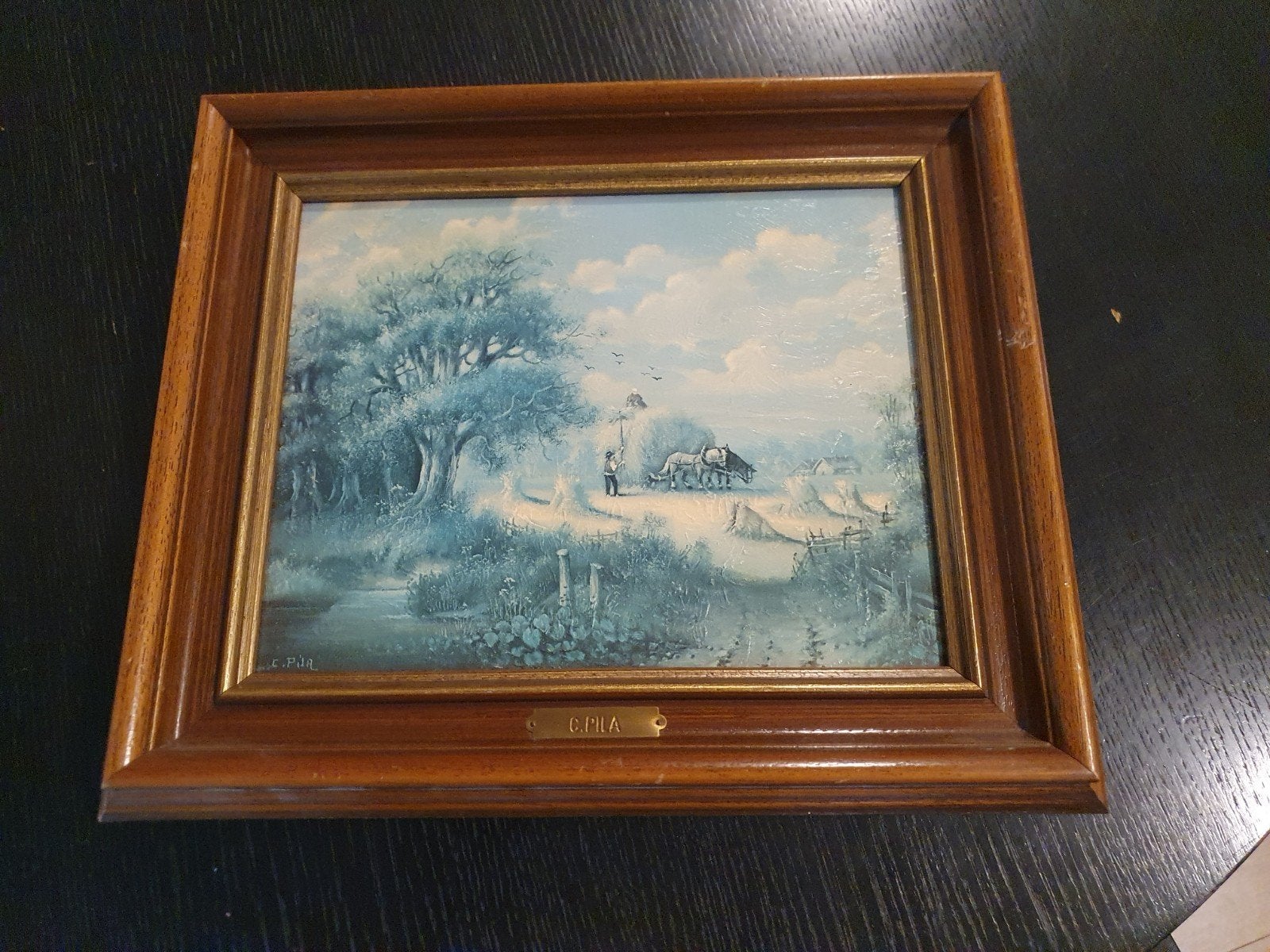 Schilderij van C. Pila - Winterlandschap met paard en wagen, Paneel, Ophalen of Verzenden, Landschap, Klassiek