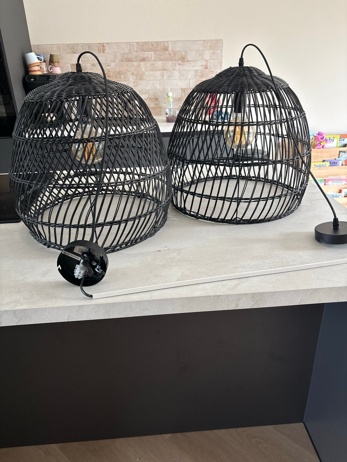 Set van 2 zwarte rotan hanglampen met pitten, Ophalen, Zo goed als nieuw, Overige materialen