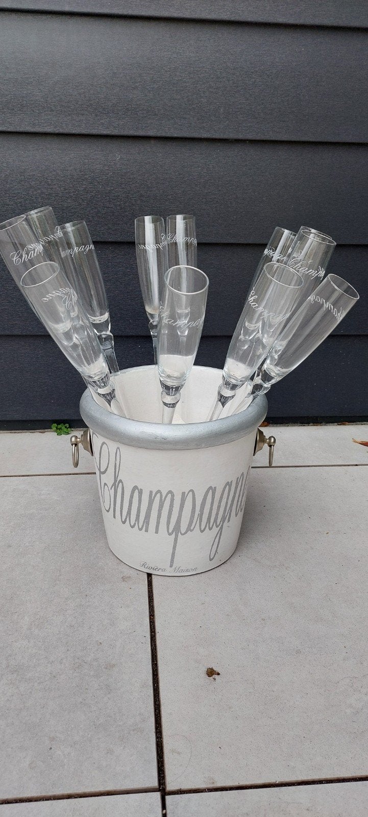 Riviera Maison champagnekoeler met 12 glazen champagneflutes, Ophalen, Gebruikt, Glas, Minder dan 5 flessen