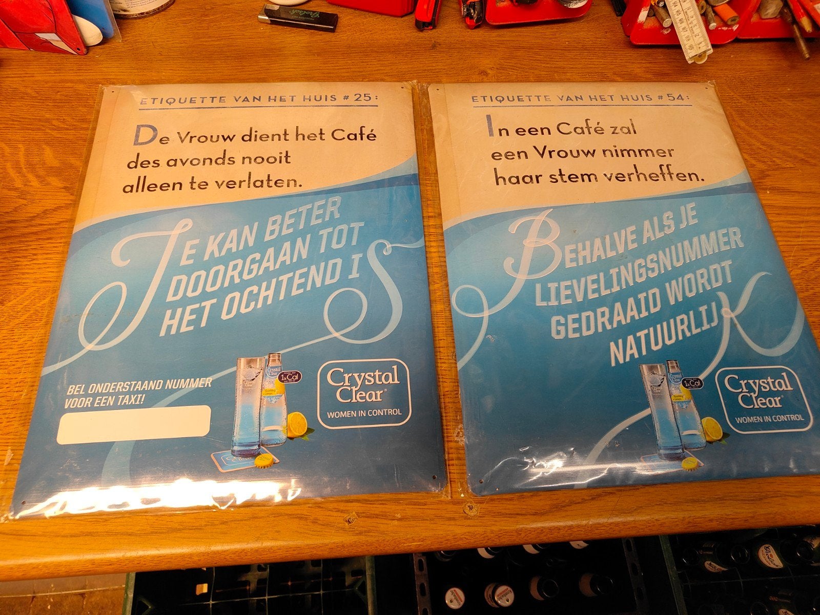 2 Vintage Crystal Clear Borden - Café Etiquette, Ophalen of Verzenden, Reclamebord