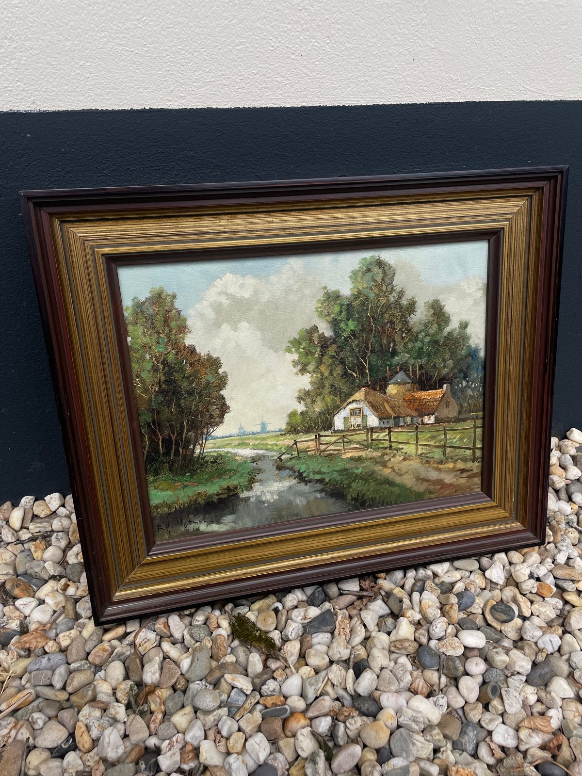 Olieverfschilderij Landschap met boerderij en water, Ophalen