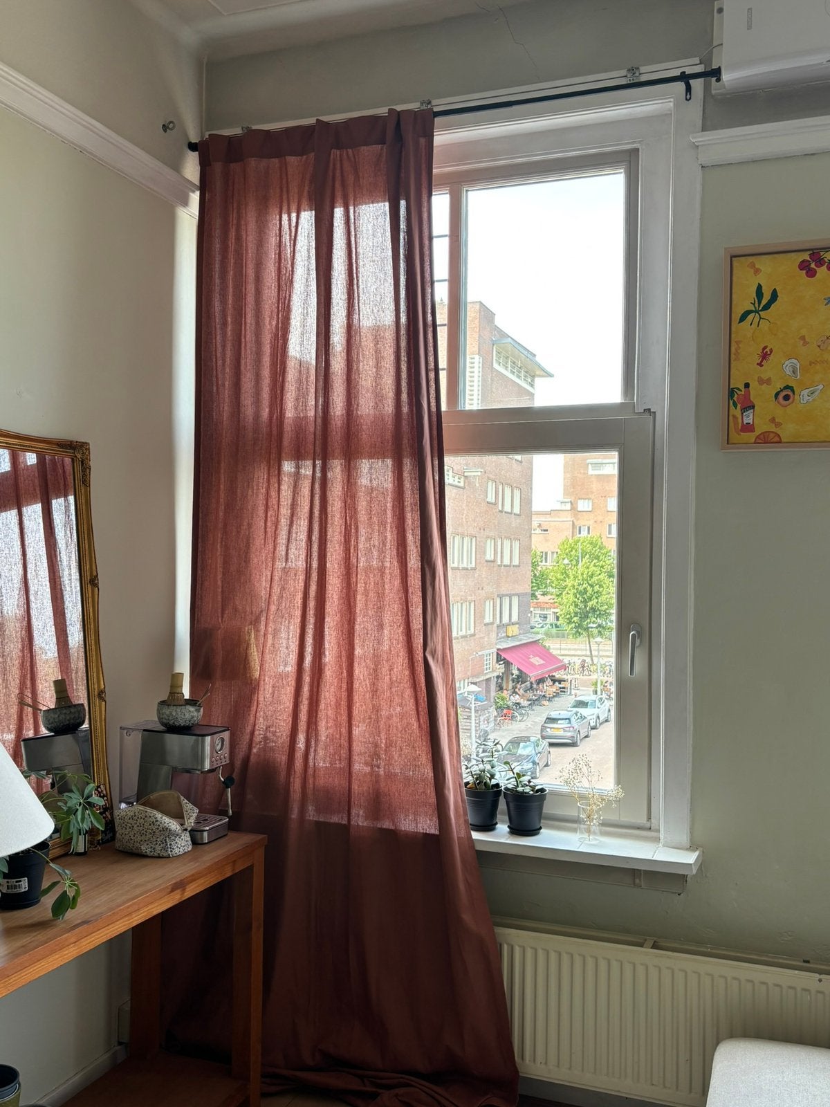 Linnen look gordijn terracotta rood, Huis en Inrichting, Stoffering | Gordijnen en Lamellen, Ophalen, Zo goed als nieuw, Katoen