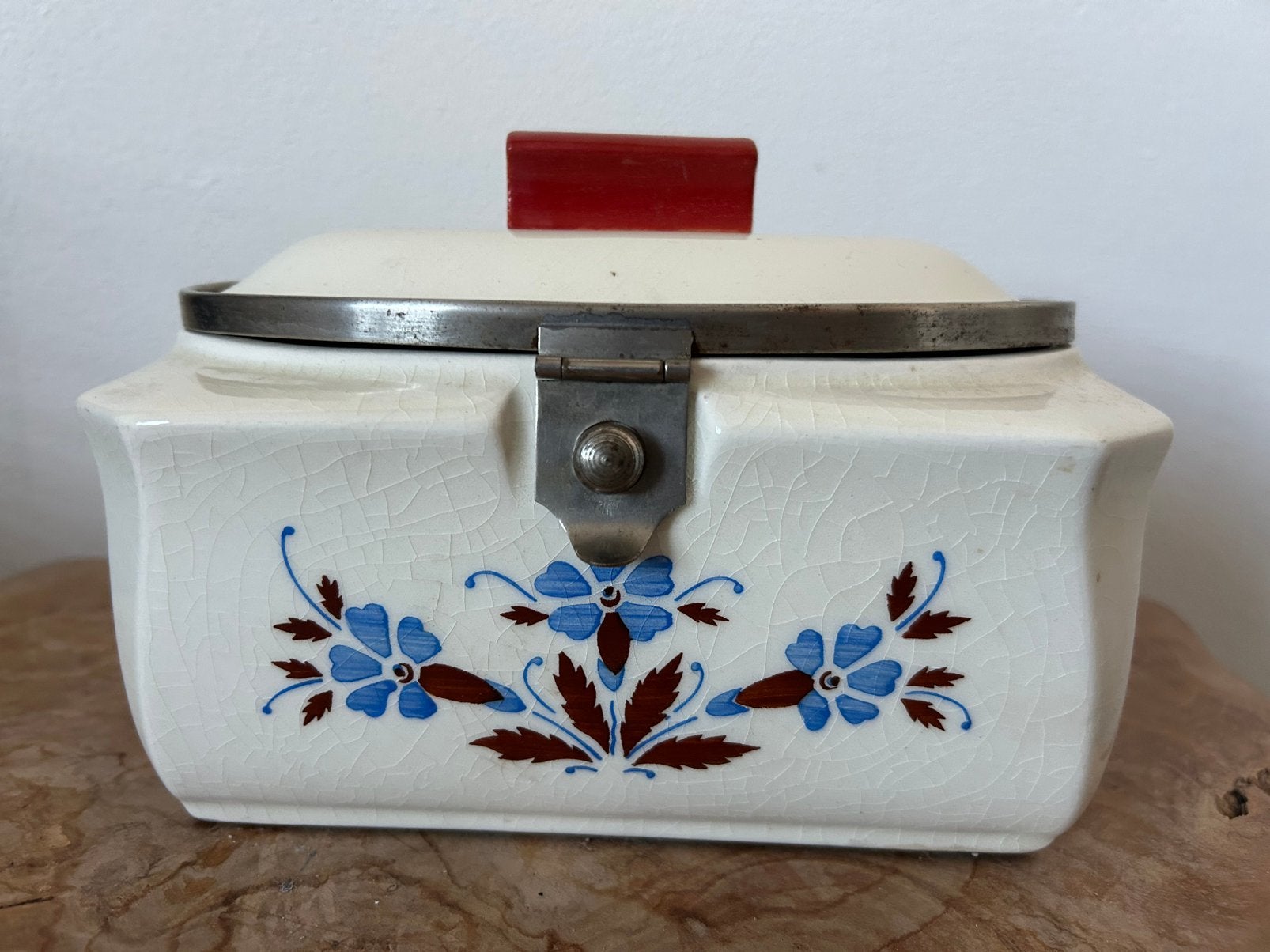 Art deco franse aardewerken koekjespot /bakelieten handvat, Verzenden