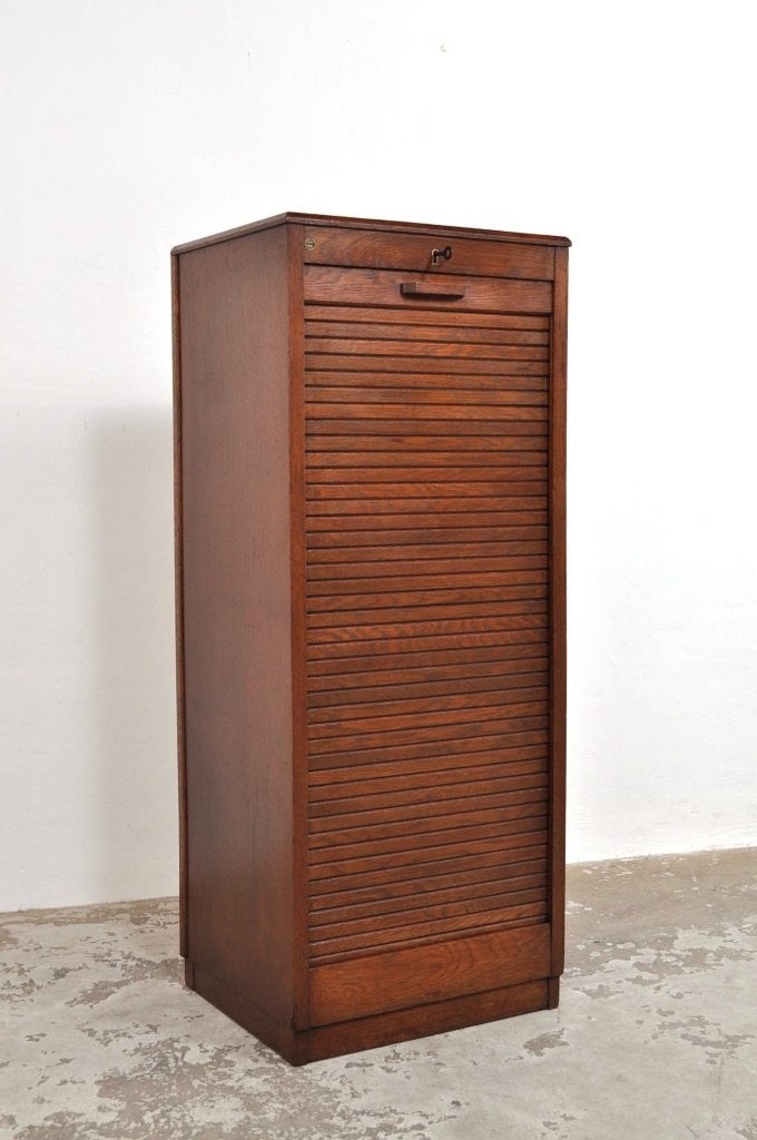 Vintage eiken roldeurkast rolluikkast archiefkast kast 1930, Minder dan 50 cm, Gebruikt, 100 tot 150 cm, Eikenhout