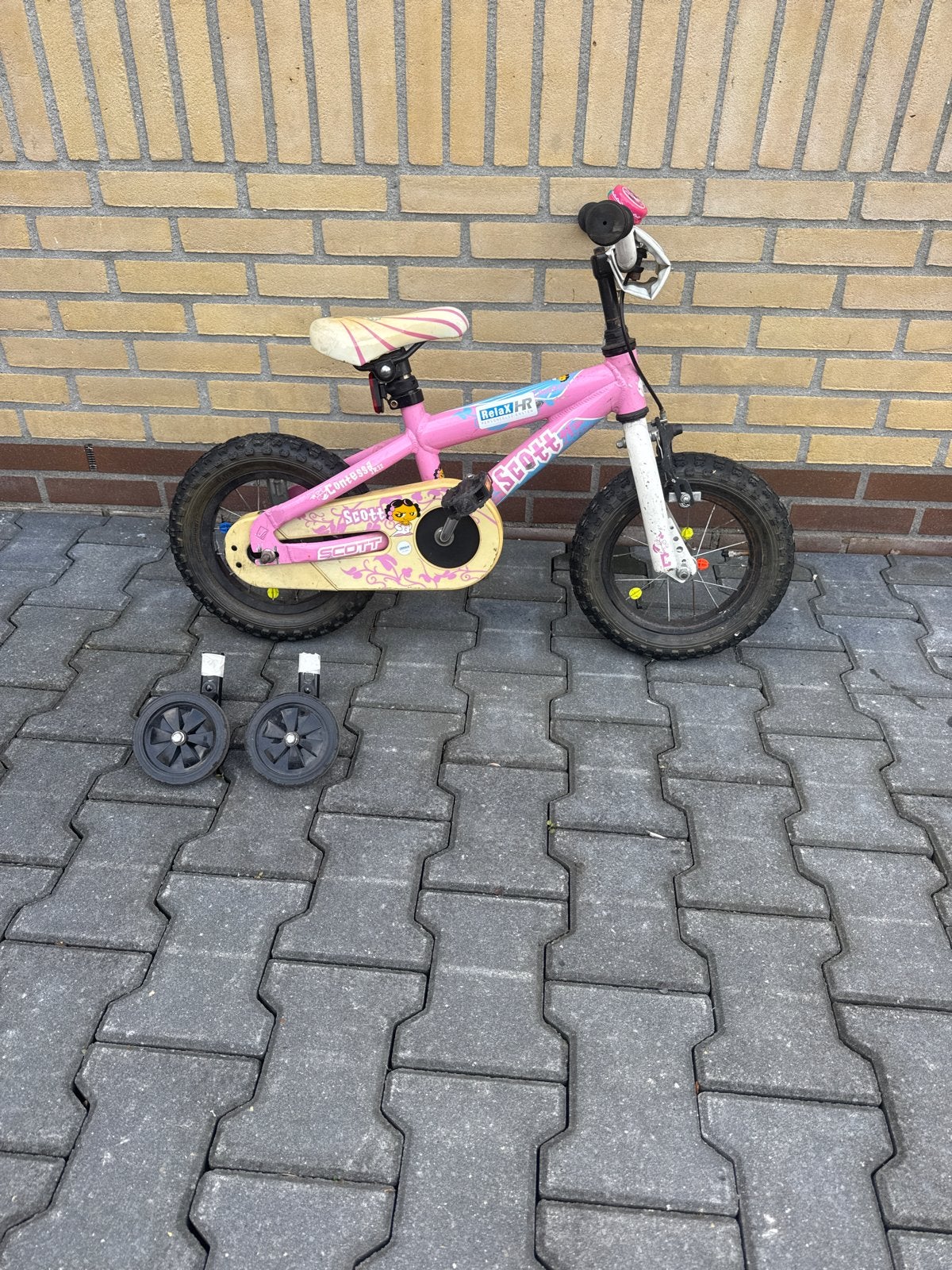 Roze kinderfiets Scott Contessa met zijwieltjes, Ophalen, Terugtraprem, Zijwieltjes, Gebruikt